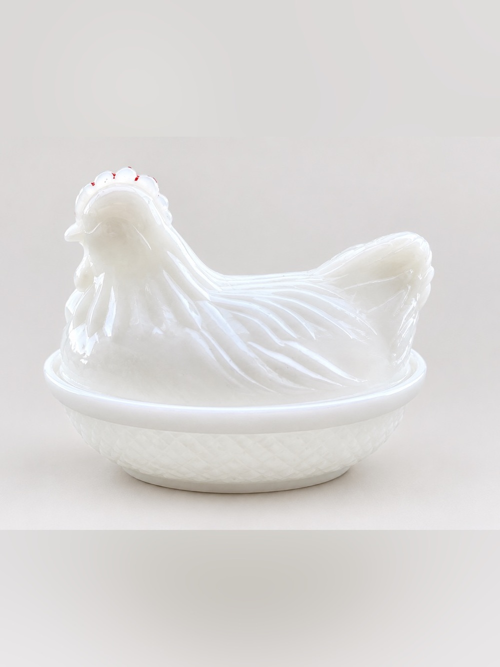 Vintage Milk Glass Hen on Nest Candy Dish 4.5” White Rooster Red Comb 1940s 50s